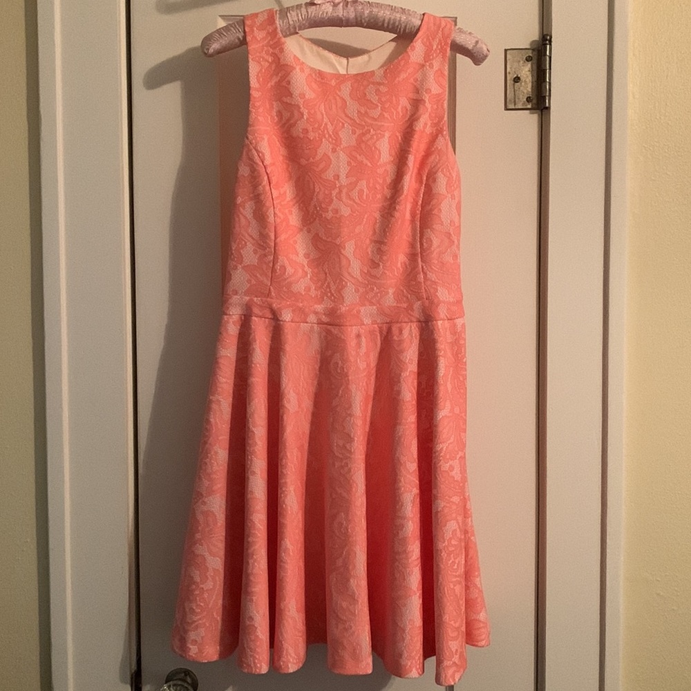 Dress by “Aqua”: Peachy Pink Lace on Cream Lining, Back Cutout, Twirl Skirt, EUC